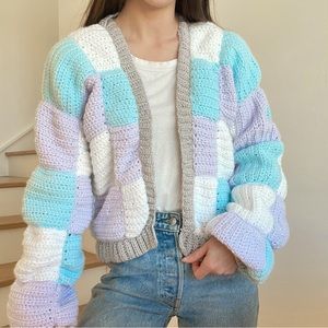 Vintage Handmade Granny Squares Checkerboard Blue Purple Cardigan Knit Sweater